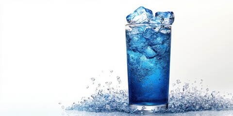 Refreshing blue beverage with ice cubes in a glass surrounded by splashes of water on a clean surface