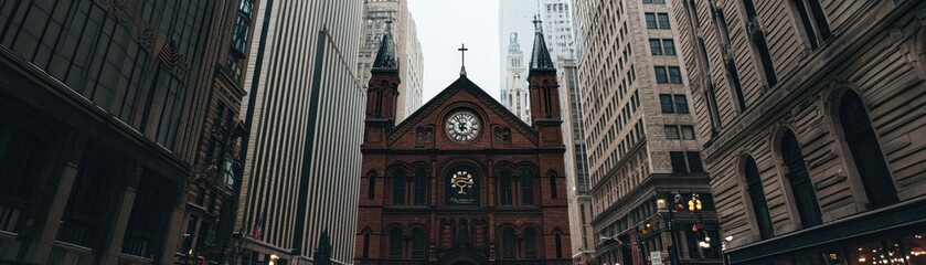 Fototapeta premium Church between skyscrapers, city street, overcast day, urban architecture