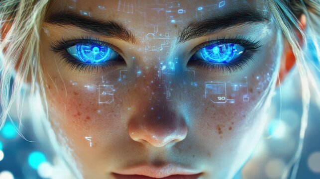 Futuristic woman with glowing blue cybernetic eyes and holographic data overlay, symbolizing AI and biometric technology for International Artificial Intelligence Day.