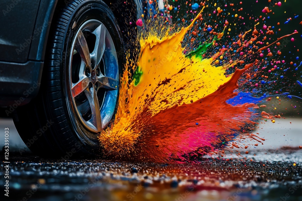 Poster an abstract composition of colorful paint splashes exploding around a car tire.