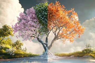 A captivating tree that represents the four seasons in one, showcasing spring blossoms, summer foliage, autumn leaves, and winter frost, a visual metaphor for the passage of time.