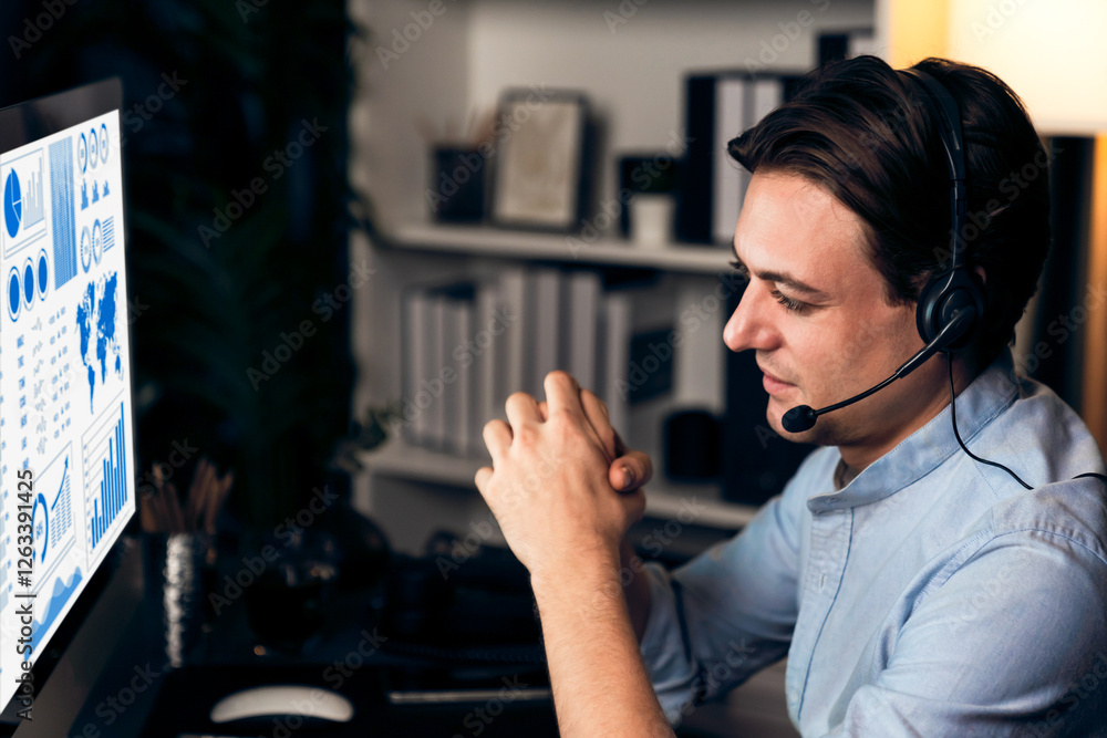 Poster call center consulting with customers on headphones on monitor in business paragraph with typing on 