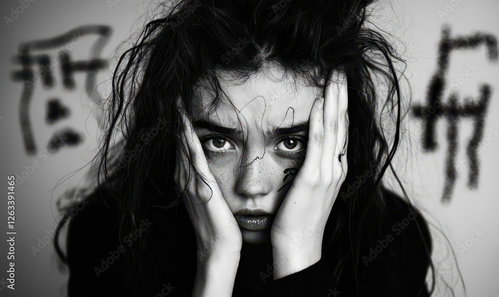 Poster exploring inner turmoil: a deep emotional portrayal in black and white, capturing vulnerability and 