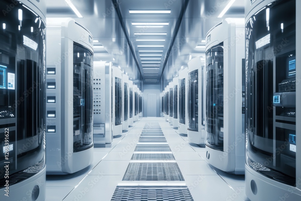 Poster a futuristic server room with rows of gleaming data storage units in a clean, well-lit and high-tech