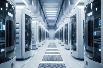 Naklejka premium A futuristic server room with rows of gleaming data storage units in a clean, well-lit and high-tech environment, showing a commitment to innovation.