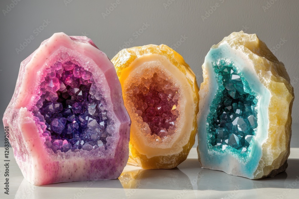 Poster a vibrant display of three colorful geodes with amethyst, quartz, and agate crystals showcased again
