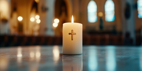 religious symbolism, a lit candle in the foreground, with a blurred church in the background, symbolizes prayer, reflection, and hope on good friday