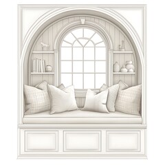 Elegant White Window Seat with Built-in Bookshelves and Arch Window