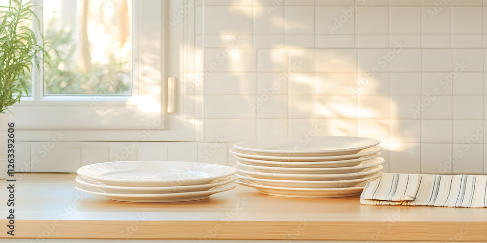 Poster clean plates stacked on a kitchen counter with sunlight streaming through a window creating a bright