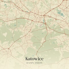 Vintage map of Katowice, Poland.