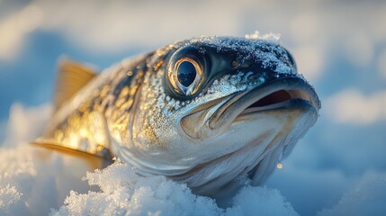 Close-up of a fish's head and gills resting on ice with a bright white background