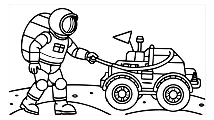 Black and White Futuristic Line-Art Astronaut Pushing a Lunar Rover – Space Exploration Concept, Astronaut & Lunar Rover – Futuristic Line-Art, Black & White Space Exploration