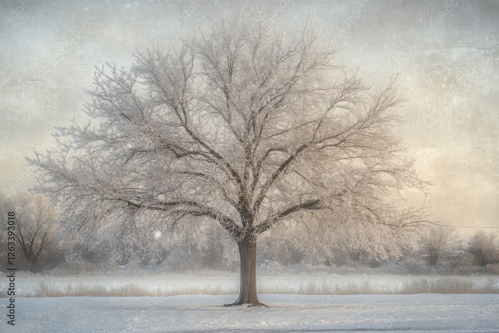 Aufkleber a tranquil winter scene with a snow-covered tree, branches coated in frost, creating a serene and pe