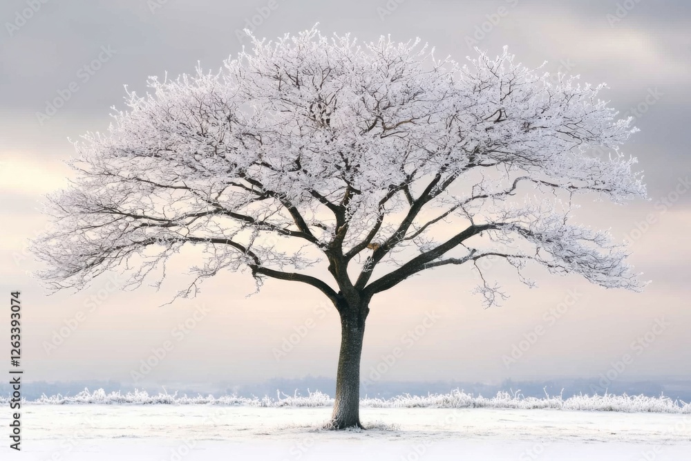 Aufkleber a single tree covered in frost stands in a snow-covered field against a soft pastel sky, creating a 