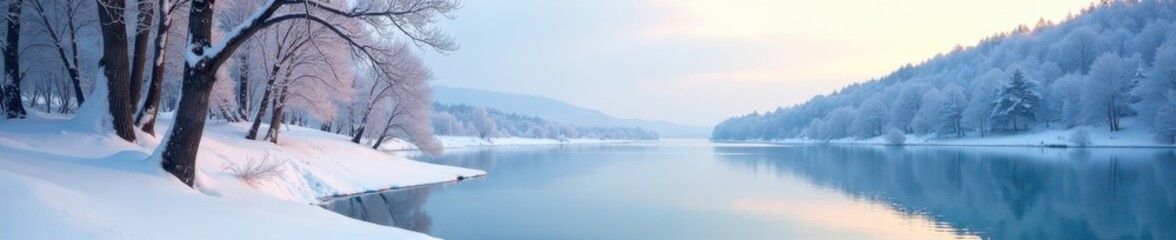 Obraz premium Snowy landscape with bare trees and frozen lake , winter, snow, frost