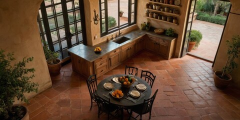 Obraz premium Rustic Kitchen Dining Area With Terracotta Floor And Wooden Cabinets