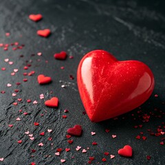 Fototapeta premium Red heart on dark background, text space. Valentine's Day celebration concept