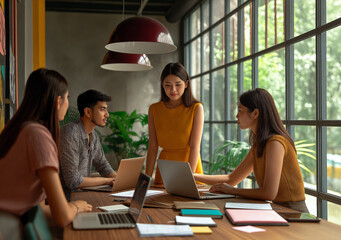 Team leader guiding a discussion in a contemporary office.
