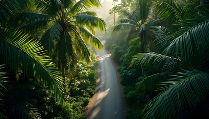 Naklejka premium Serene Tropical Road Winding Through Lush Palm Trees