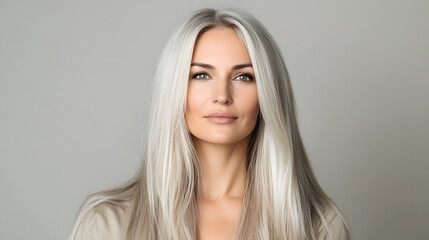 Naklejka premium Portrait of a stunning woman with long silver hair and captivating green eyes. Natural beauty shines through in a simple yet elegant headshot.
