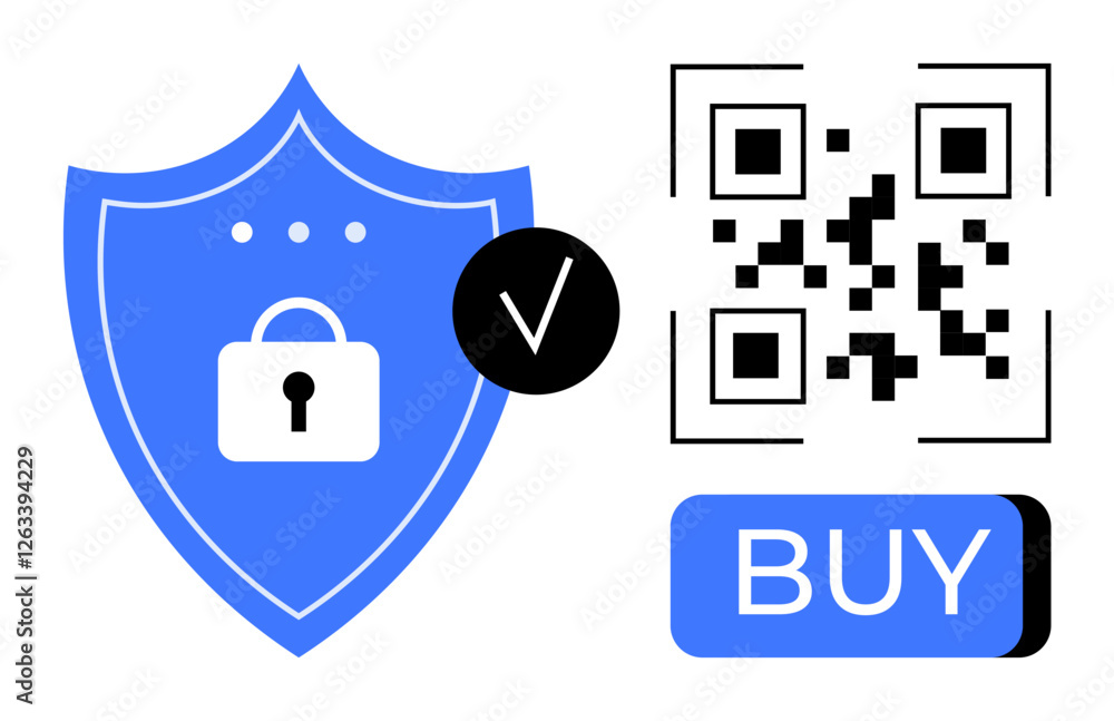 Poster shield with lock icon, verification check mark, qr code, and buy button. ideal for e-commerce, onlin