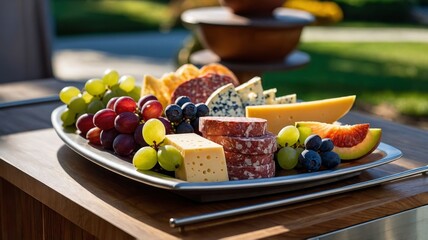 A beautifully arranged wooden platter held in a hand, featuring an assortment of cheeses, slices of salami, green grapes, blueberries. In the background, a stunning charcuterie cart shines