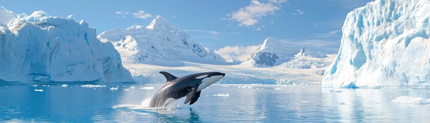 Fototapeta premium A majestic whale leaps from icy waters, surrounded by towering icebergs and a serene, blue sky, showcasing nature's beauty and wildlife.