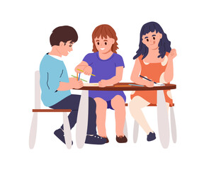 Little boy and girls, kindergarten child painting. Happy cute kids drawing on paper at table. Preschool toddlers with pencils. Vector illustration isolated on white background