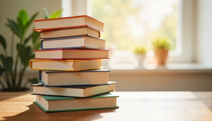 Colorful stack of textbooks on wooden desk, academic preparation