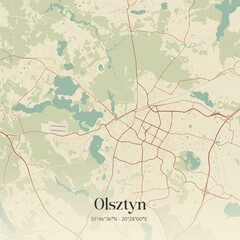 Vintage map of Olsztyn, Poland.