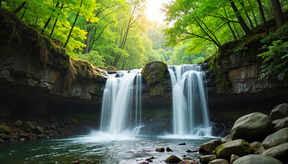 Fototapeta premium Cascading waterfall embodying tranquility in lush forest, natural beauty