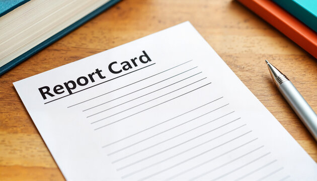 Academic report card on wooden desk with pen and books, education progress