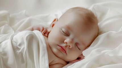 A baby is sleeping on a white blanket