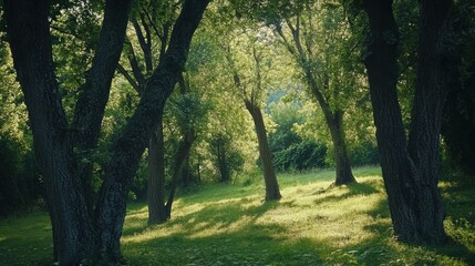 Fototapeta premium Serene forest with towering green trees in Italy.
