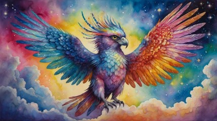 Obraz premium A whimsically eccentric harpy, her every feather glows with a rainbow of colors against a vibrant backdrop of swirling clouds and sparkling stars. mesmerizing watercolor painting, fantastical