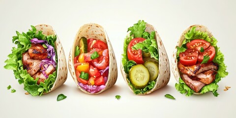 Tasty wraps filled with fresh vegetables and grilled meats showcased on a neutral background