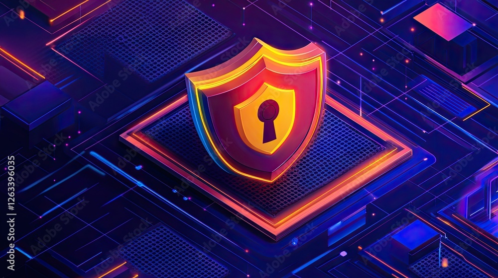 Poster encrypted server infrastructure with a secure digital shield and bright security protocols.