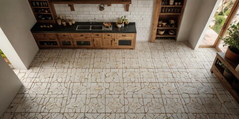 Rustic Kitchen With Intricate Cracked Tile Floor