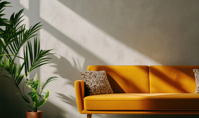 Explore Modern Lifestyle: Bright Yellow Sofa with Tropical Plants in a Cozy Living Room Setting, Perfect for Relaxation and Inspirational Interior Design Ideas