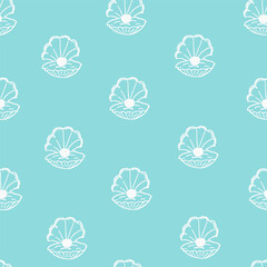 seamless pattern of blue color with sea shells with pearls