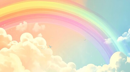 Fototapeta premium Pastel Rainbow Arcing Over Fluffy Clouds and Birds