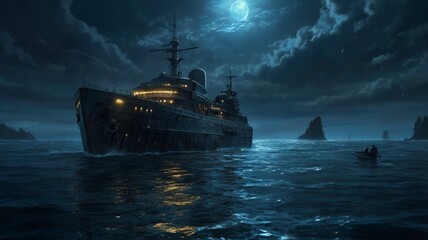 Fototapeta premium In the depths of a dark, foreboding ocean, a cimmerian high-tech meteorite mariner looms, a sleek and mysterious vessel cutting through the murky waters