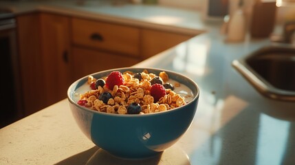 A Bowl Of Cereal With Milk Berries And Raspberries