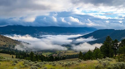 Obraz premium Panoramic view of a valley shrouded in morning mist, under a dramatic sky.