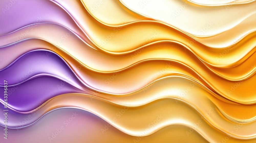 Poster an abstract image features undulating waves of gold and purple hues, creating a sense of flow and mo