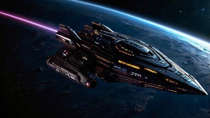 Naklejka premium The shadowy post-modern interstellar ship looms ominously in the depths of space, its sleek metallic hull reflecting distant stars. This striking image digitally rendered painting showcasing intricate