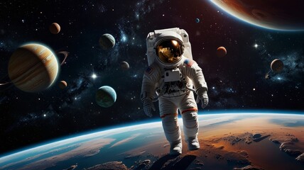 Obraz premium An astronaut floating in space, planets, stars behind them
