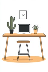 Minimalistic workspace illustration featuring a desk with laptop and indoor plants