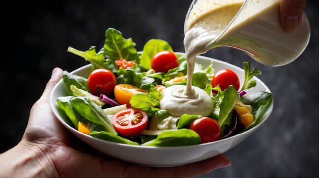 A hand holding a A bright, appetizing salad bowl with fresh green leaves, cherry tomatoes, and colorful vegetables, with a creamy Caesar dressing being poured from small pitcher. Photorealistic style