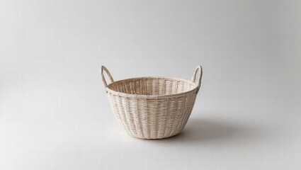 Fototapeta premium A serene, minimalist photography composition featuring a delicate, light-colored rattan basket, with intricate woven patterns, placed centrally on a pure white, seamless background